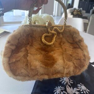 Authentic Clara Kasavina Dinner Bag- Luxurious Tan Fur Handbag with Gold Accents